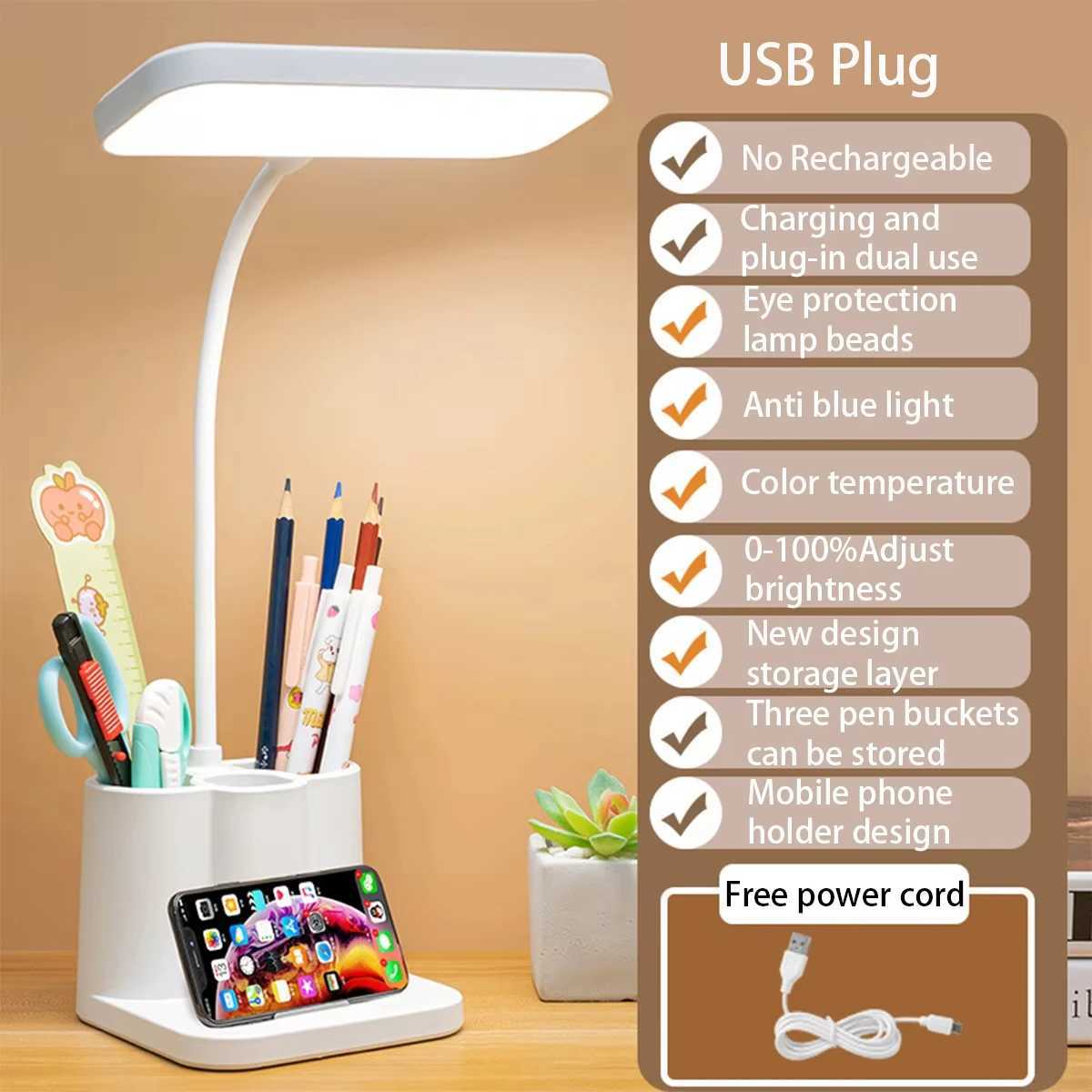 USB Rechargeable LED Table Lamp Learning Dormitory Storage learning tools Night Light For Bedroom 3 Colors Eye Protection XJ250703