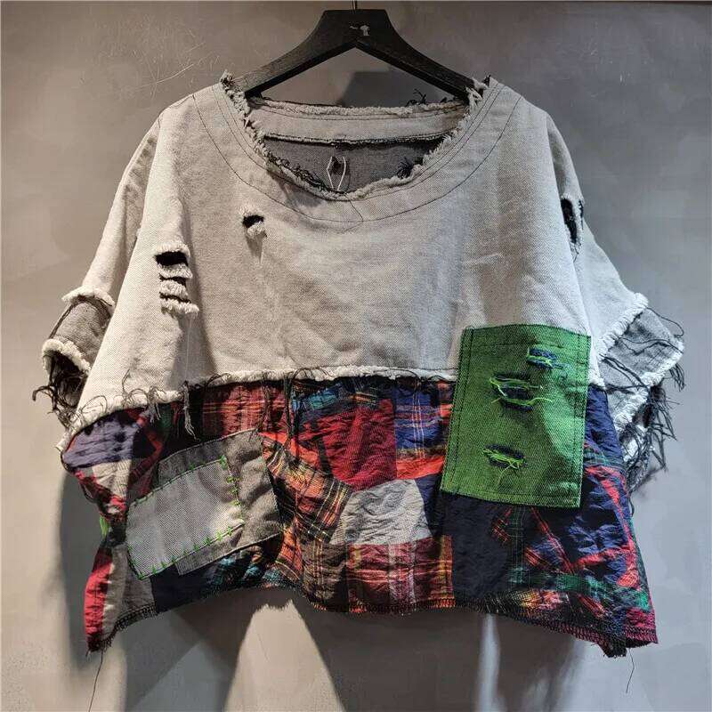 Trendy Vintage Women Contrast Color Patchwork Hole Short Sleeve T-shirt Elastic Waist Pants Female Summer