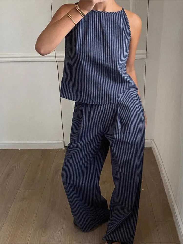 Summer Striped Print 2 Two Piece Set Women Casual Fashion Ladies Slveless Blouses Wide Leg Loose Woman Elastic Waist Pant X250704