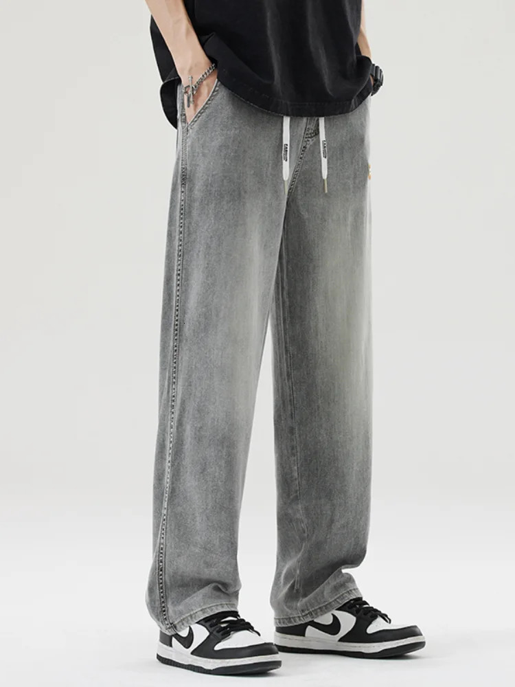 Lyocell Loose Casual Jeans for Men Summer Thin Straightleg Stretchy Wideleg Stylish Denim Trousers With Elastic Waist Male 250704
