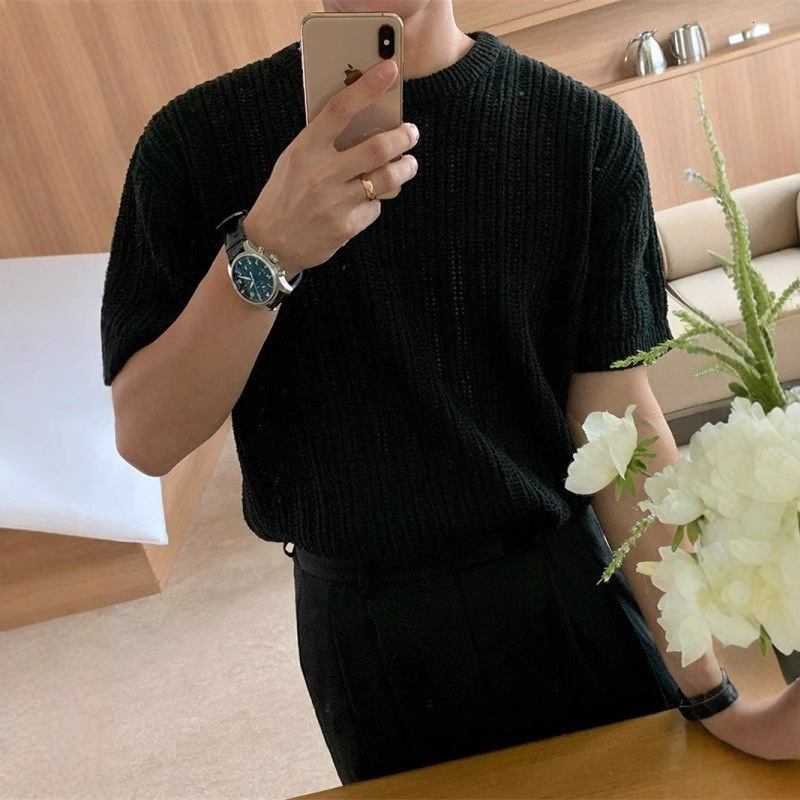 Knitted Short Sleeve T-shirt For Men, Summer Thin Korean Style Trendy Brand Designer Short Sleeves Casual Clothing, Popular Design Sense, Elegant Half