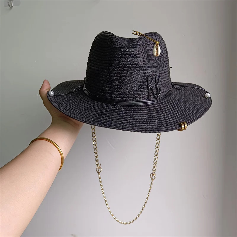 Womens Beach Hat Black Letter Ribbon Decoration Elegant Womens Party Dress Hat Travel Beach Sun Hat 250701
