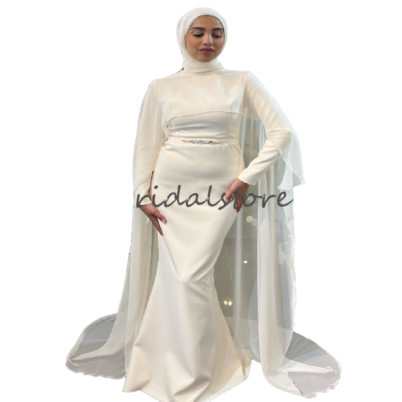 Elegant Arabic Muslim Wedding Dress With Cape Bohemian Chiffon Long Sleeve Islamic Bride Dress Beaded Civil Bridal Dress 2025 Vestio Novias Dubai