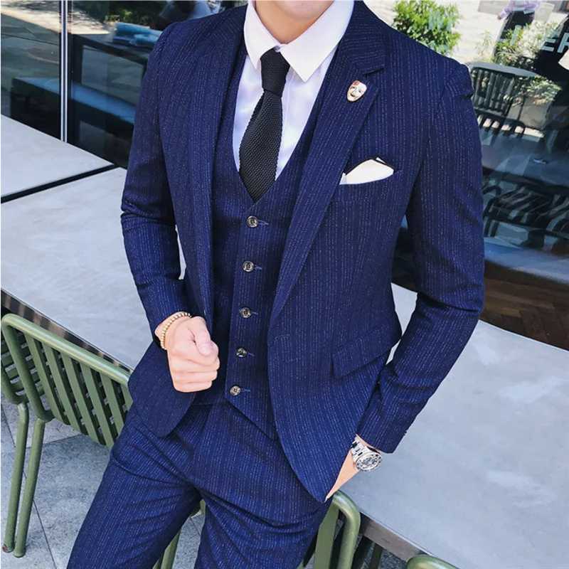Autumn and Winter New Men Business Striped Suits Black / Blue / Gray Male Wedding Banquet Party Jacket and Pants with Vest X250704