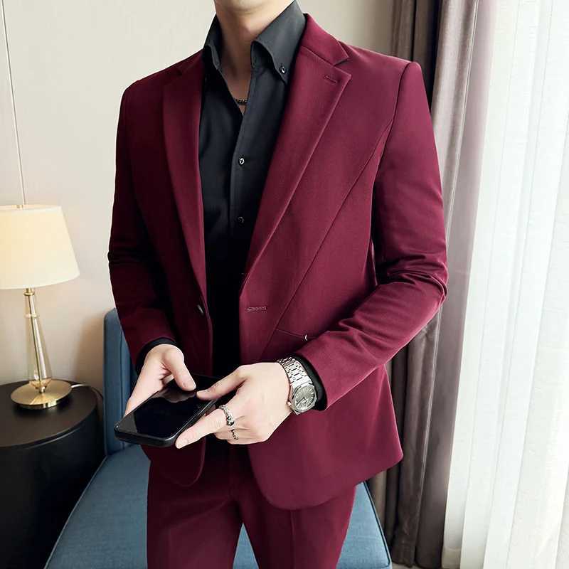 (Jacket+Pant) New Men Pure Color Business Social Wedding Party Suit Fashion Male Banquet Party Slim Fit Dress Blazer and Trouser X250704