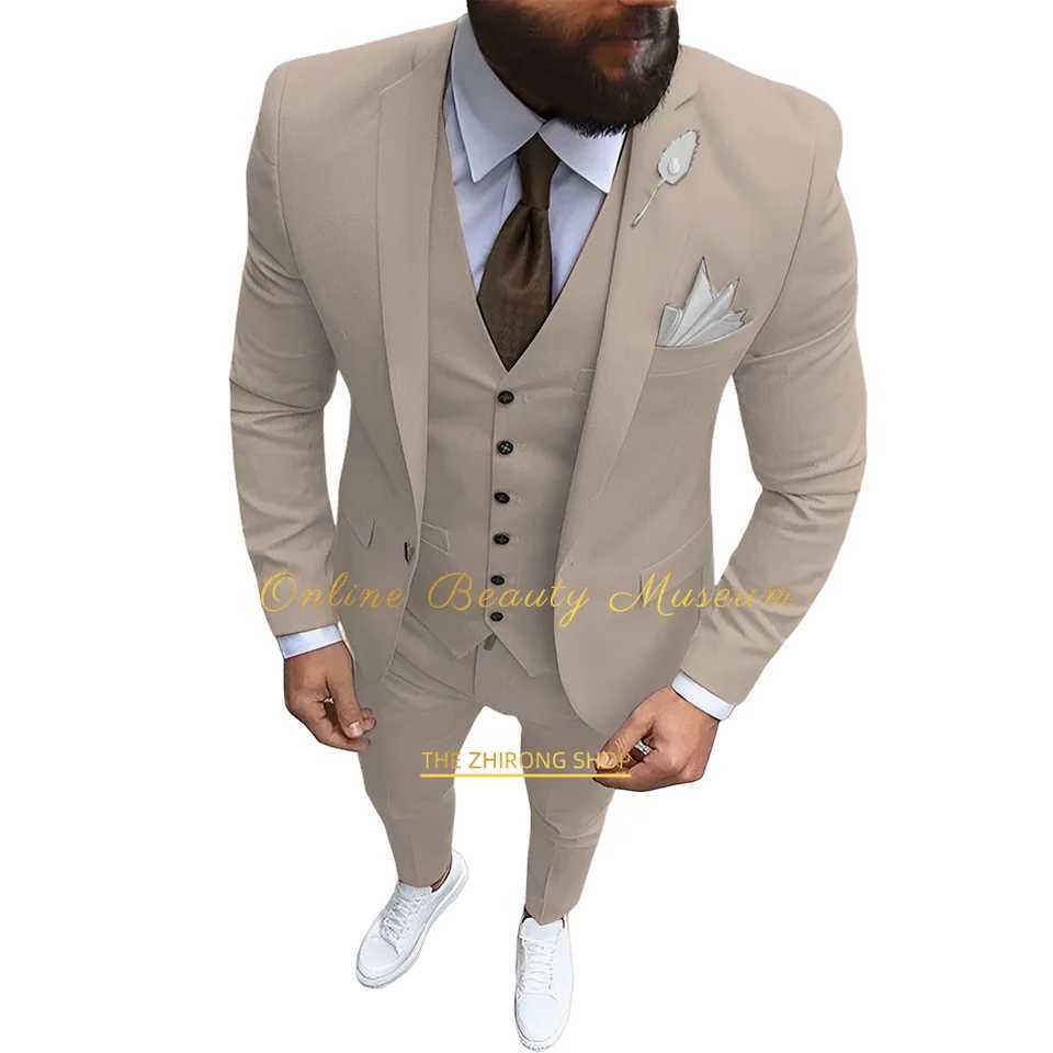 Mens Classic Solid Color 3-Piece Suit (Jacket + Vest + Trousers) Beige Single Button Groom Formal Business Tuxedo HANDMADE X250704