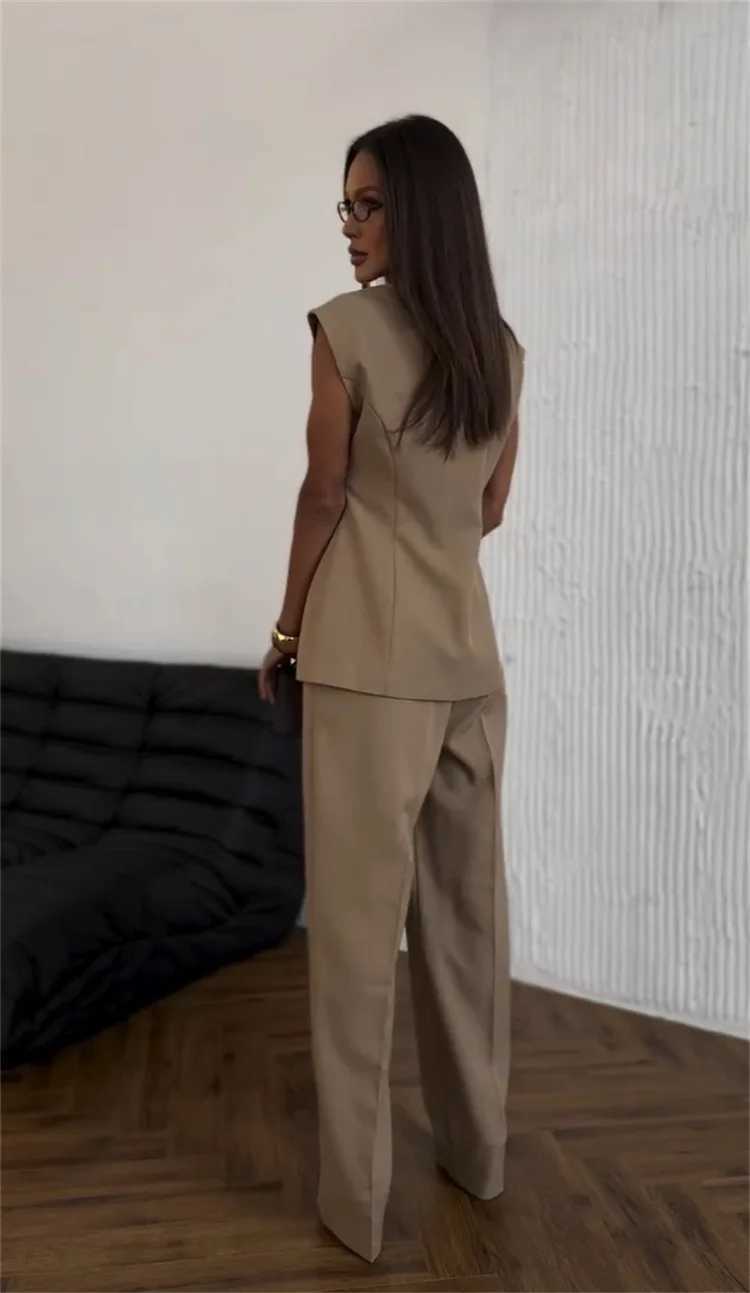 DriftWear 2025 Summer Double Breasted Waisted Vest Top High Waisted Pants Set 2pcs Set Slveless Vest Tops Wide Leg Pant Suits X250704