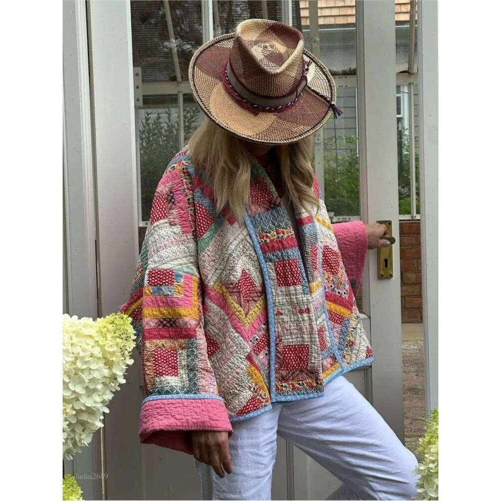 Women's Jackets Pink Vintage Print Patchwork Cotton Coats For Woman Casual Loose Long Sleeve Short Jackets Autumn Female High Street Outerwear 23