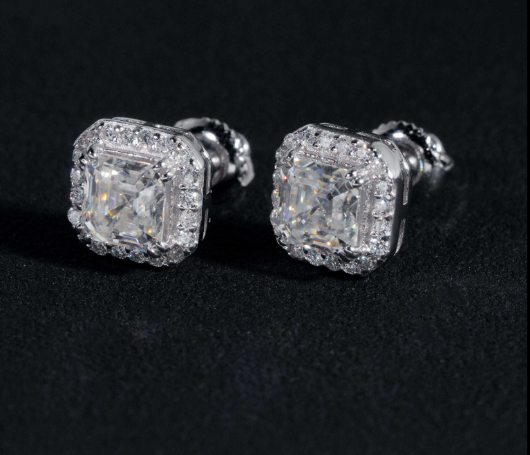 New Style Fine High Quality Asscher Cut Moissanite Stud Earrings 925 Silver Hip Hop Iced Out VVS Halo Moissanite Earrings