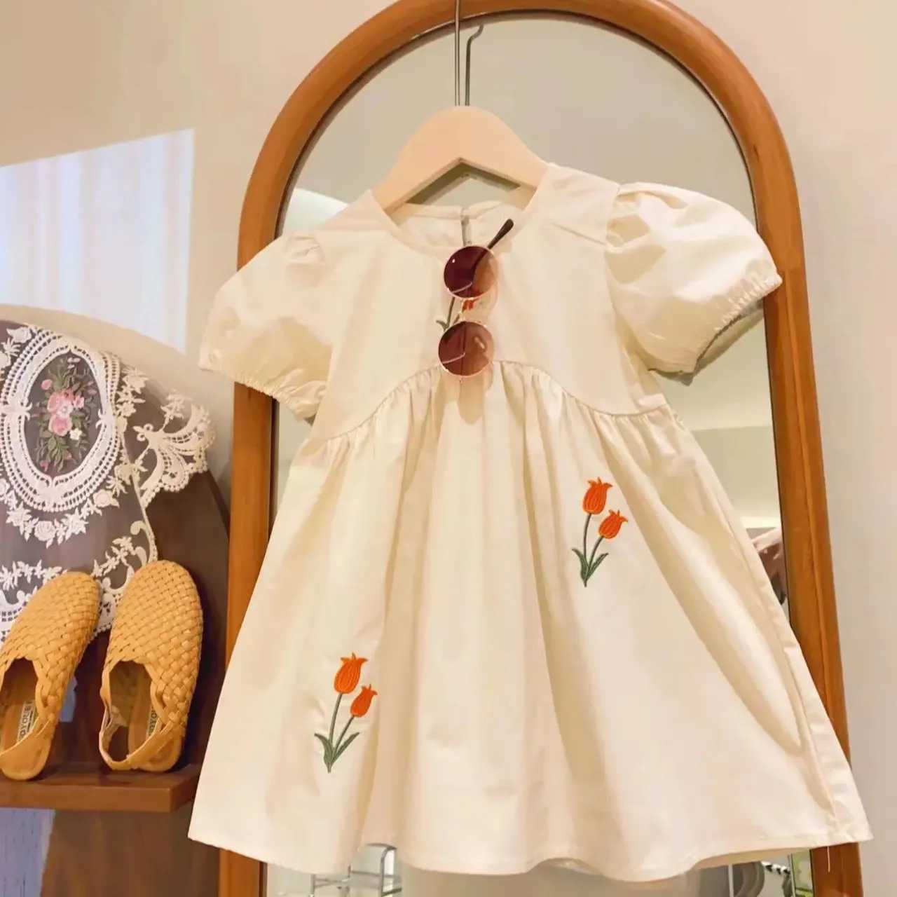 Humor Bear Girls Korean Flower Embroidered Bubble Short Sle Irregar Waist Princess Dress Vestidos Casual Outfit 2-6Y R250704