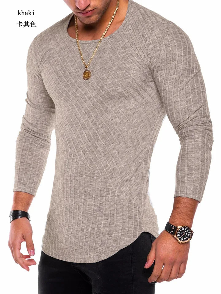 Mens Knitted Thin Base Sweater with Curved Hem Round Neck Tight Fit Elastic Long Sleeved T-shirt Thin Sweater 250704