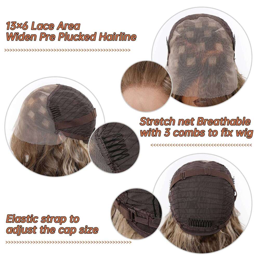 EASIHAIR Medium Length Brown Highlight Synthetic for Women 13*6 Lace Frontal Hair Natural Hairline Curly Wavy Wigs