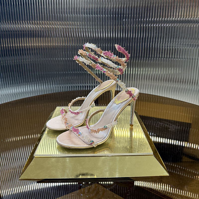 Women's Designer Ankles Snake Shaped Elastic Band Sandalial Bling Bling Rhinestone Decor High Heels Sandals Summer Party Dress Shoes