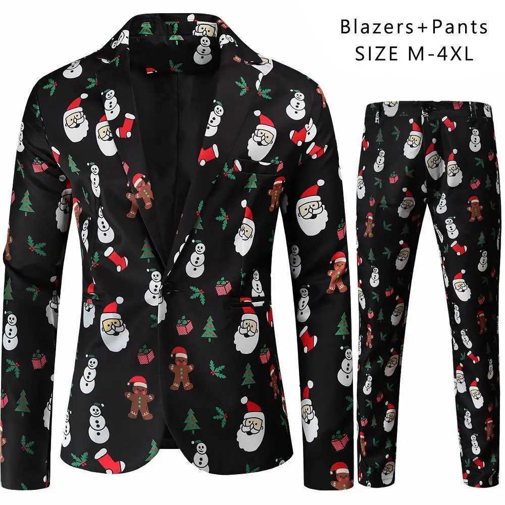 Christmas Mens Suit Two Piece Green and Red Printed Jacket with Trousers Fashion Casual Mens Sets X250704