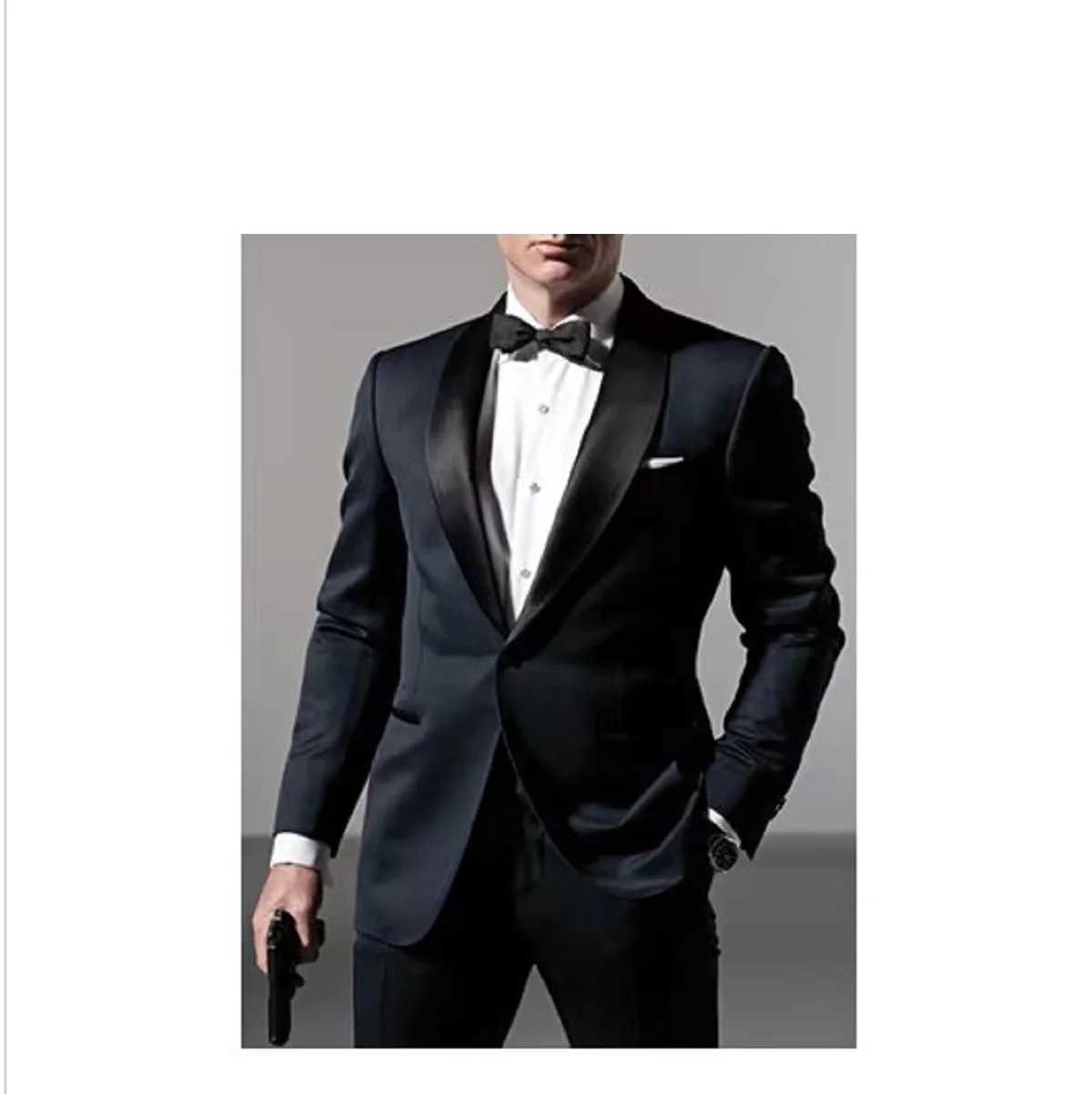 Classic Style Dark Blue Tuxedos Inspired By Men Suit Worn In James Bond Wedding Suit For Men Groom Jacket Pants Bow Black X250704