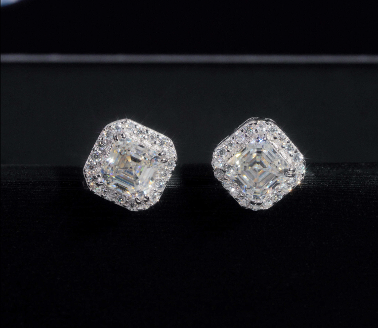 New Style Fine High Quality Asscher Cut Moissanite Stud Earrings 925 Silver Hip Hop Iced Out VVS Halo Moissanite Earrings