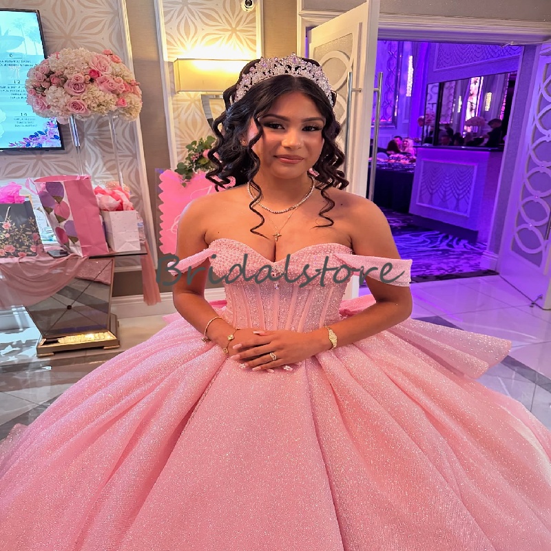 Dreamy Pink Quinceanera Dress 2025 Sparkly Ball Gown Sequin Vestido De 15 Xv Anos Beaded Off Shoulders Birthday Party Sweet 16 Dress Formal Occasion P