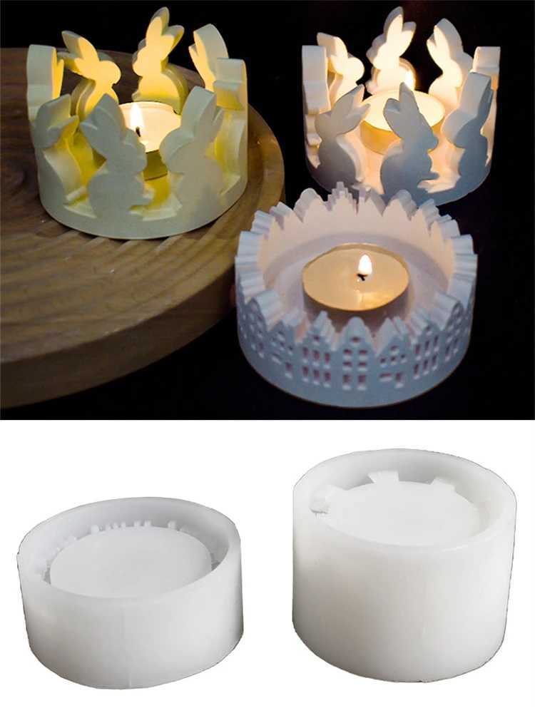 Easter Round Rabbit Hollow House Candle Holder Silicone Mold DIY Cement Gypsum Pouring Epoxy Resin Mold Home Decoration W250704