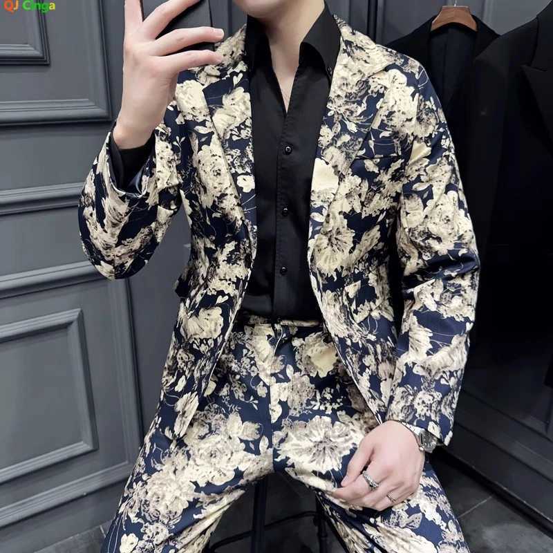 Navy Blu Mens 2-Piece Printed Suit Single Button V-Collar Cotton Jacket with Trousers Asian Fit M-5XL All-Season Wear X250704