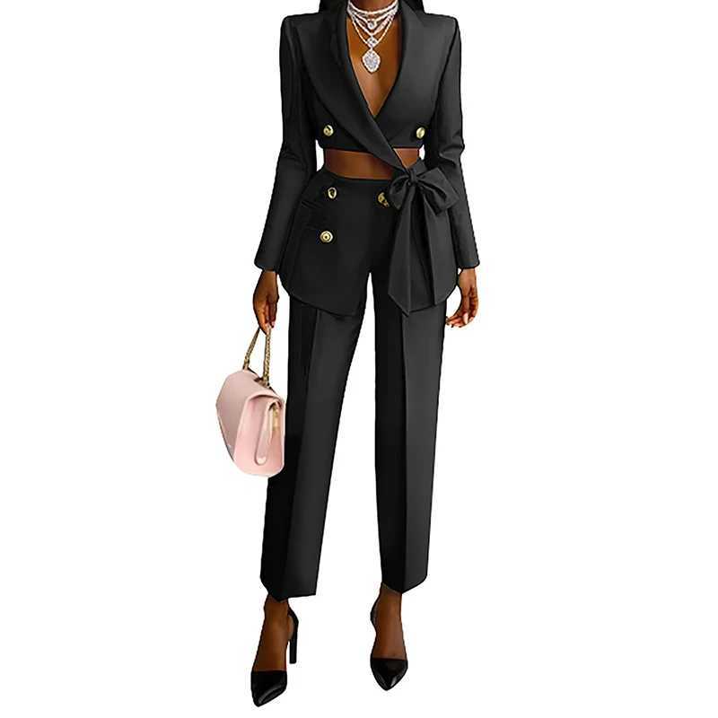 Elegant Lapel Bow Lace-up Blazer Long Pant Set Women Casual Long Slve Solid Two Piece Suit Fashion Button Commuting Outfits X250704