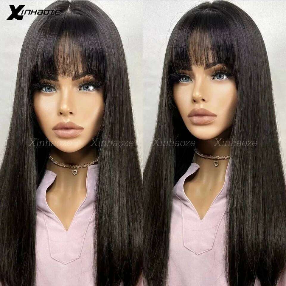 Glueless Base Full Wig Bangs Brazilian Silky Straight 360 Lace Human Hair Fringe Wigs with Silk Top