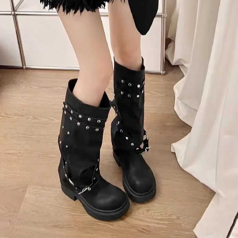 Women Boots Platform Trouser Legs High Boots Trend Punk Gothic Shoes New Rock Leather Fashion Womens Shoes Motorcycle Footwear Z250704