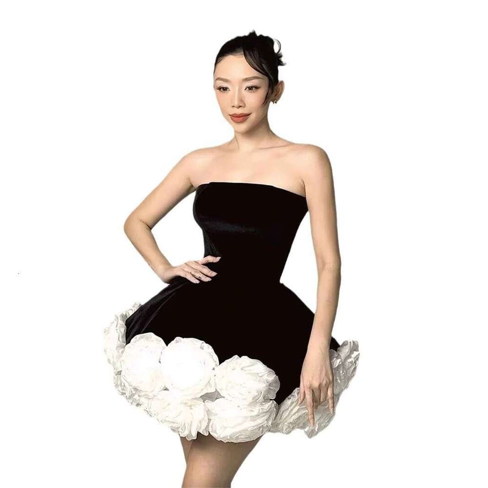 White Skirt Maxi Skirt Vietnamese Niche Design Socialite Sexy Velvet Tube Top Three Dimensional White Rose Petite Puffy Short Dress Gown Long Skirt
