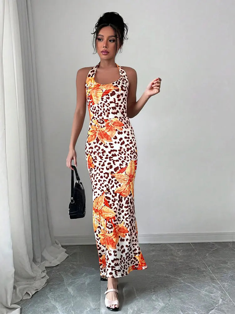 Womens Clothing Dress Summer Sexy Backless Print Leopard VNeck Dresses Streetwear Fashion Halter LaceUp Clothing 250704