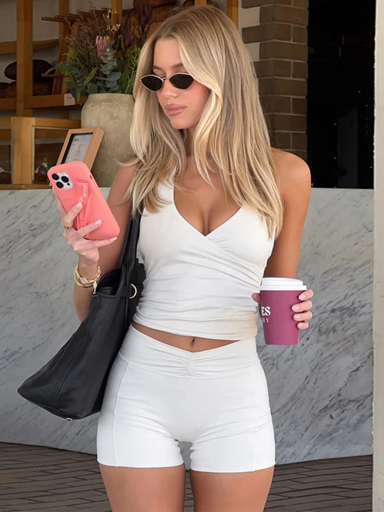 Trendix Bodycon Tank Tops 2 Piece Sets Women Summer Slim Solid Sports Yoga Shorts Ladies Street Sexy Deep V Neck Crop Top Suits 250704