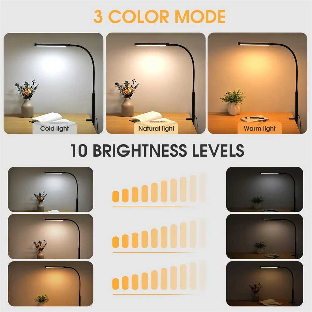 LED Desk Lamp Dimming Eye-Caring Home Reading Lights 3 Color Mode Flexible Adjustable Gooseneck PC Office Table LampsXJ250703