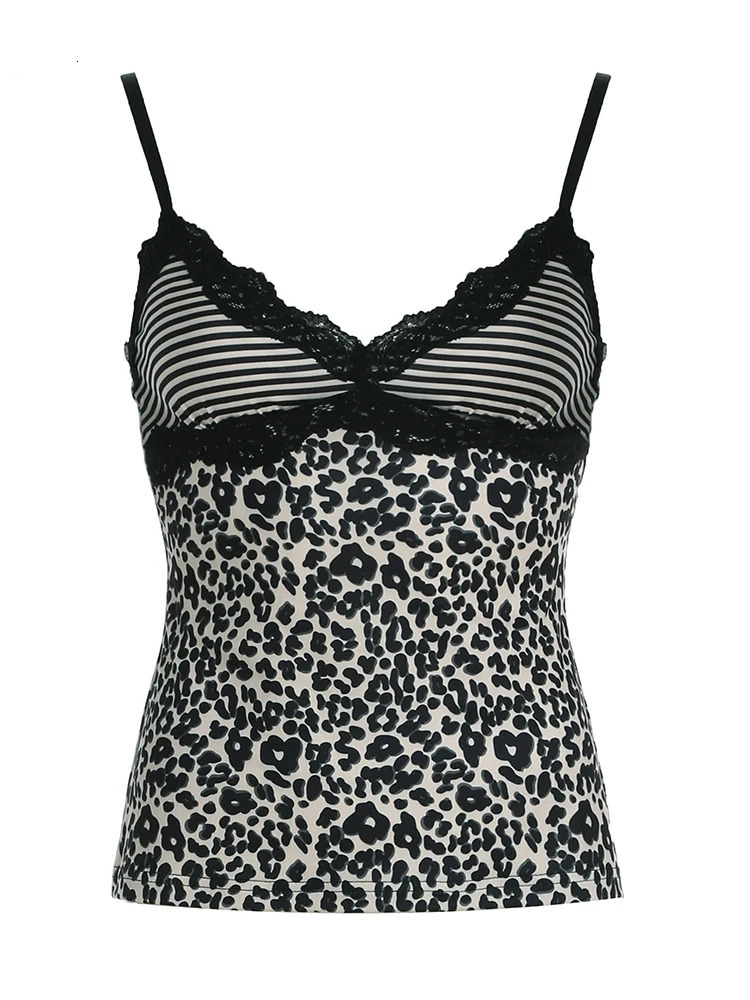 Rockmore Leopard Print Camisole Coquette Lace Frill V-neck Crop Top for Women Sexy Backless Y2K Vintage Stripe Patchwork Vest 250704