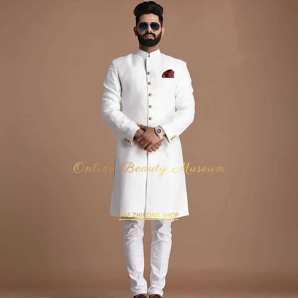 Indian and Arabian Style Mens 2-piece Suit | Long Coat with Golden Buttons | Traditional Wedding Wear | Perfect for Groom X250704