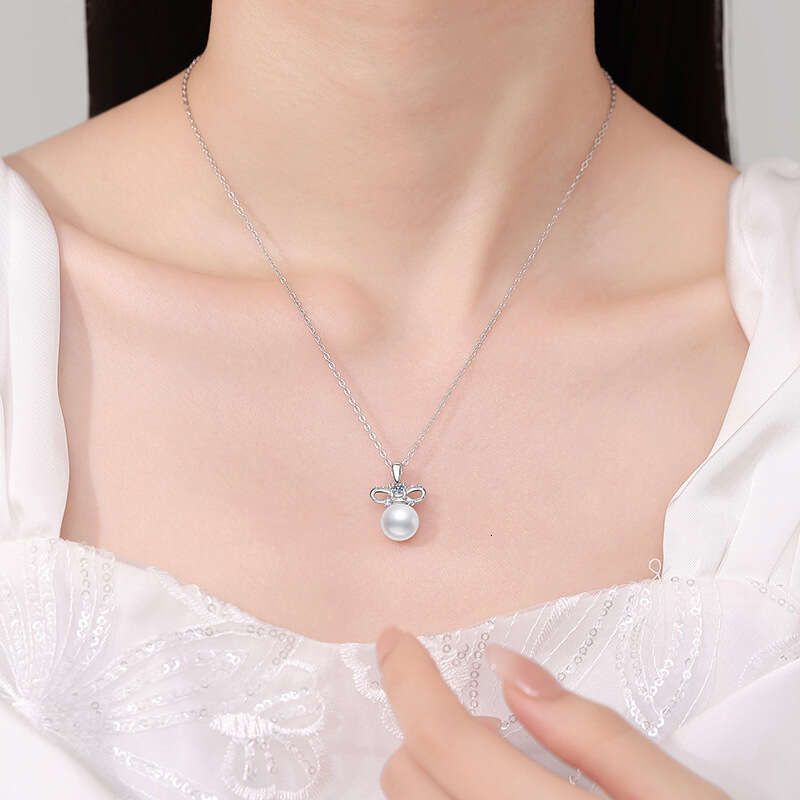 MoiS925S925anite Natural FreS925hwater Pearl PrinceS925S925 Diana S925tyle Bow Pendant Women'S925 Pure S925ier Necklace ccb