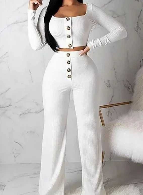 Two Piece Set Women Outfit 2023 Spring Fashion Square Neck Long Slve Casual Short Cardigan Top Buttoned Casual Pants Suit X250704