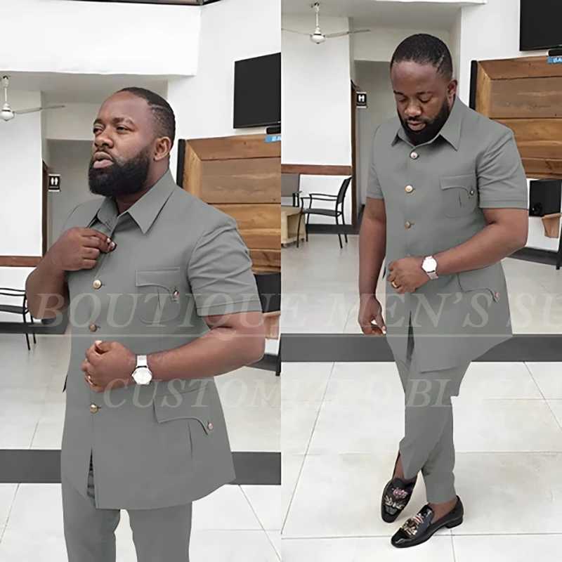 2 Piece Mens Summer Suits Blazer Elegant Single Breasted Stand Collar Slim Fit Outfits Customized Jacket Pants Clothing X250704