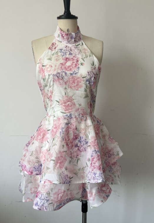 2025 New French Style Fresh Sweet Design Summer Women's Halter Backless Printed Cake Dress Elegant Versatile Trendy Ins Fashion