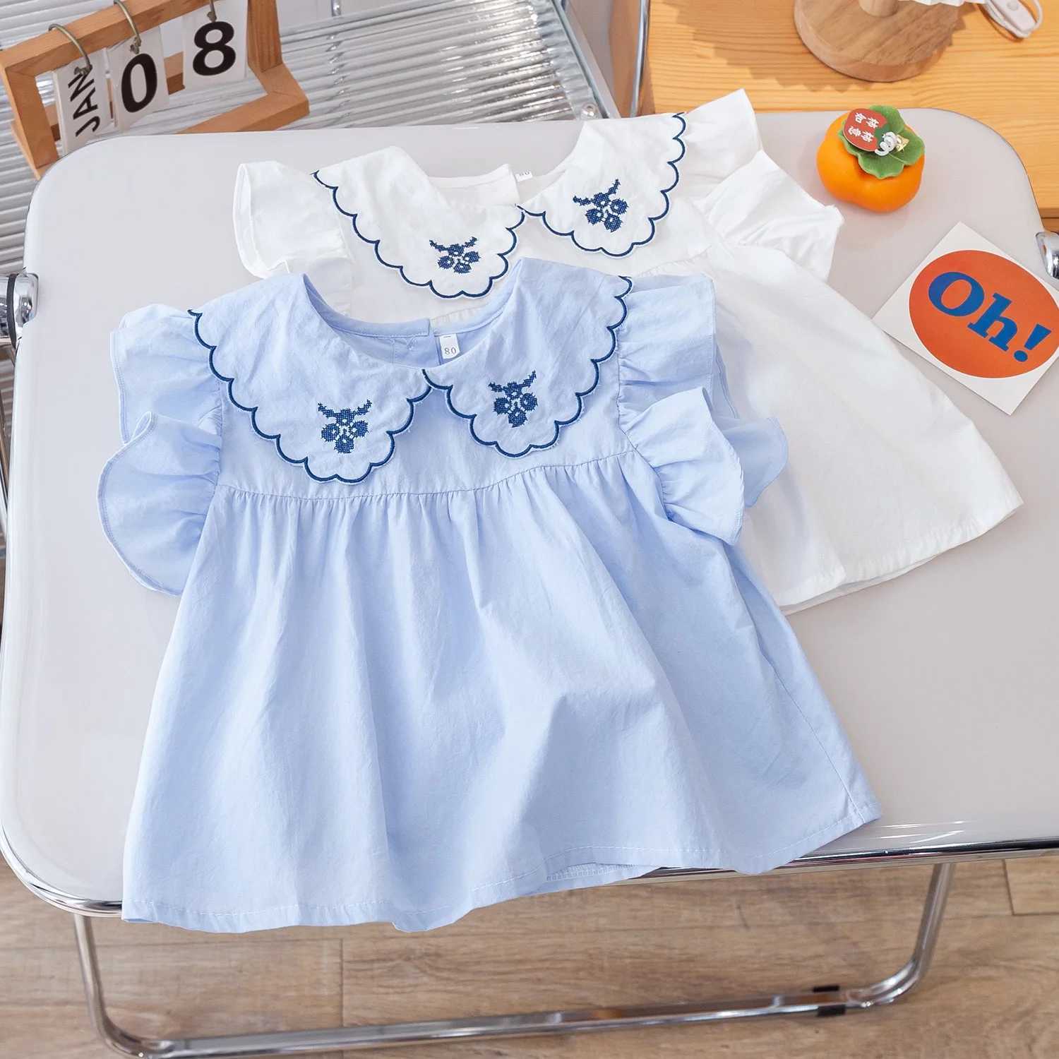 Girls Short-Sleeve Tops Summer New Middle and Small Children Loose Version of Doll Dress Shirt Baby Solid Color Clothes R250704