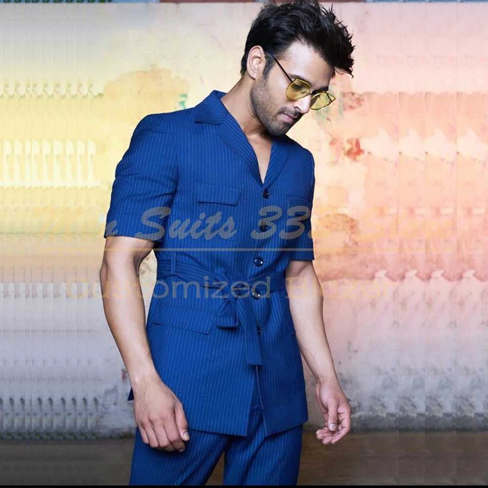 igh Quality Blue Stripe Men Suits Formal Short Sleeve Notch Lapel Single Breasted Blazer Slim Fit Wedding 2 Piece Jacket Pants X250704
