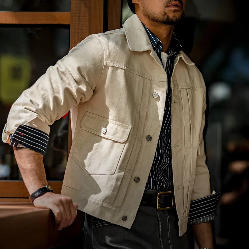 Maden Retro Type II Denim Jackets Beige Cotton Washed Coats for Mens Autumn Versatile Singlebreasted Lapel Outerwear 250704