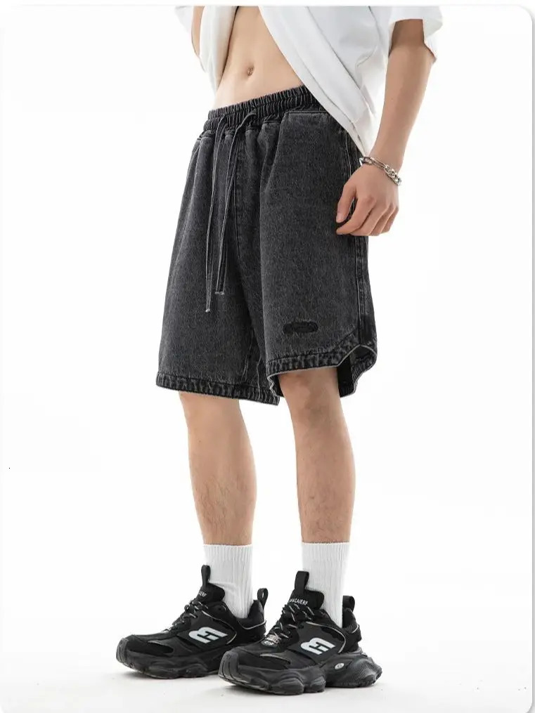 Korean Mens Hem Triangle Split n Denim Shorts Summer Beauty Embroidery Loose Five Pants 250704