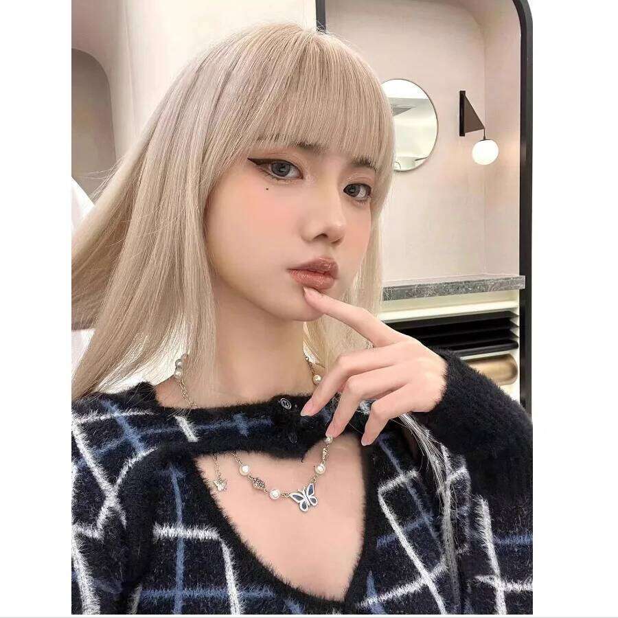 Blonde Synthetic Wig Women Show White Natural Age Reduction Bangs Soft All-Match Style Long Straight Hair Full Head Cover