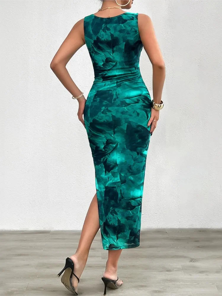 Womens Spring Summer Fashionable Printed Round Neck Style Slimming Sleeveless Tight Dress With Split Bottom 250704