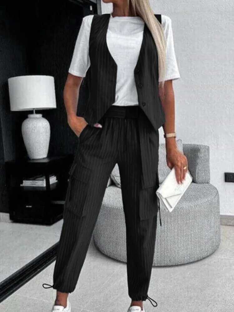 White Striped Vest Suit For Women Summer Casual V-neck Button Top Pocket Loose Pants Outfits Two-piece Suit For Women Elegant X250704