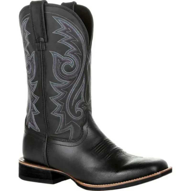 Men Boots Mid Calf Western Cowboy Motorcycle Boots Male Autumn Outdoor PU Leather Totem Med-Calf Boots Designed Men Shoes Z250704