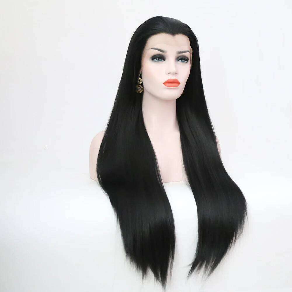 AIMEYA Long Straight 13X4 Lace Frontal Free Part Synthetic Hair Wig with Special Hairline For Women Cosplay Black Wigs
