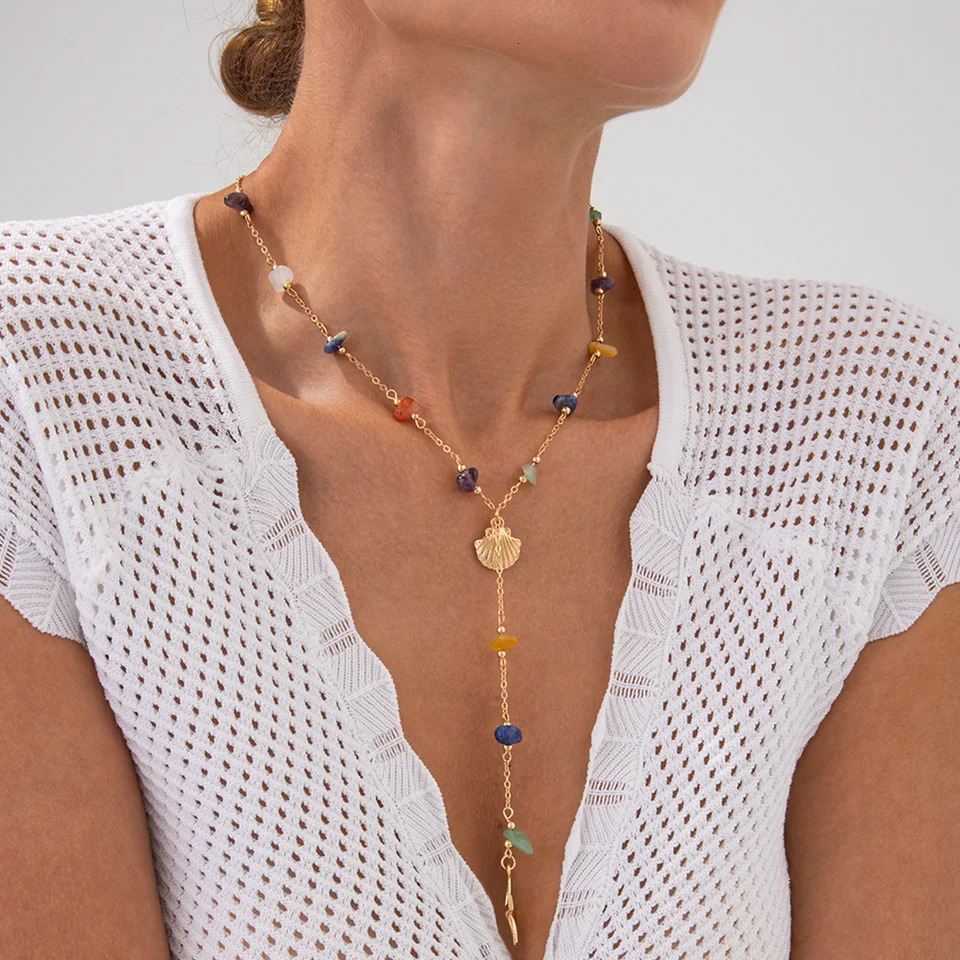 Ingemark Fashion Colourful Stone Starfish Conch Pendant Necklace Women Bohemia Long Tassel Chain Summer Beach Y2K Party Jewelry 250701