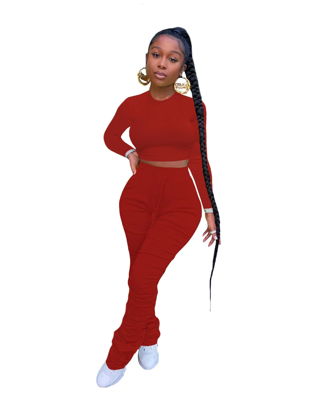 Ladies Tear Stacked Sportswear Sexy Autumn and Winter TwoPiece Set with Exposed Navel TopStacked Pants Set 250704