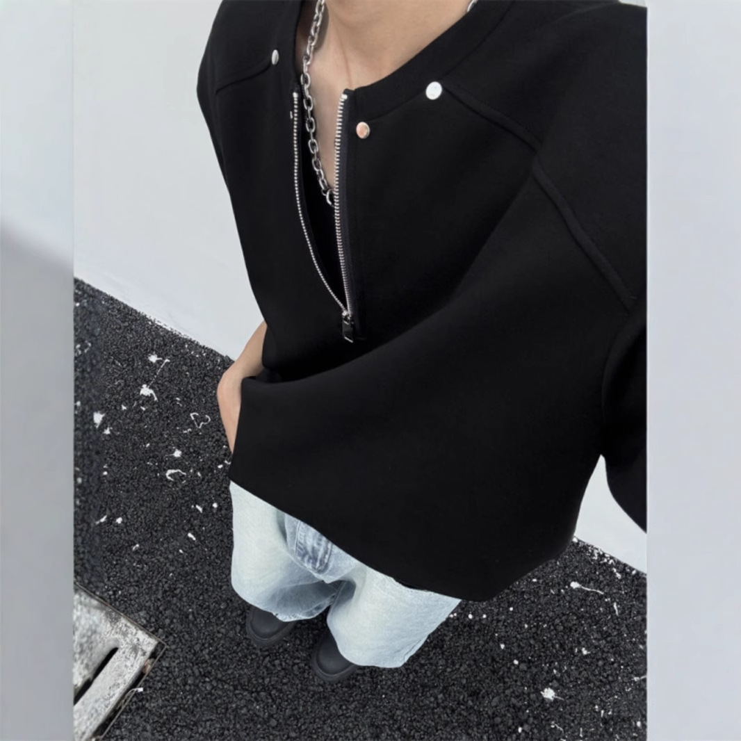 Short Sleeve T-shirt For Men Summer New American High Street Heavy Designer Short Sleeves Loose Rivet Design Half-zip Round Neck Half Sleeve Tee