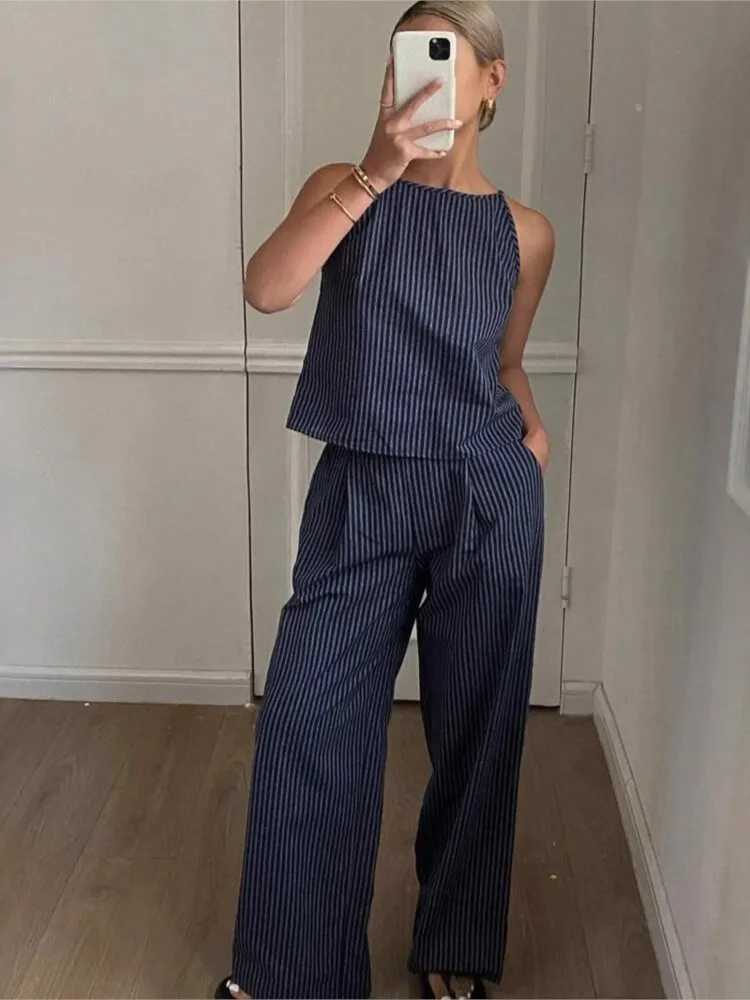 Summer Striped Print 2 Two Piece Set Women Casual Fashion Ladies Slveless Blouses Wide Leg Loose Woman Elastic Waist Pant X250704