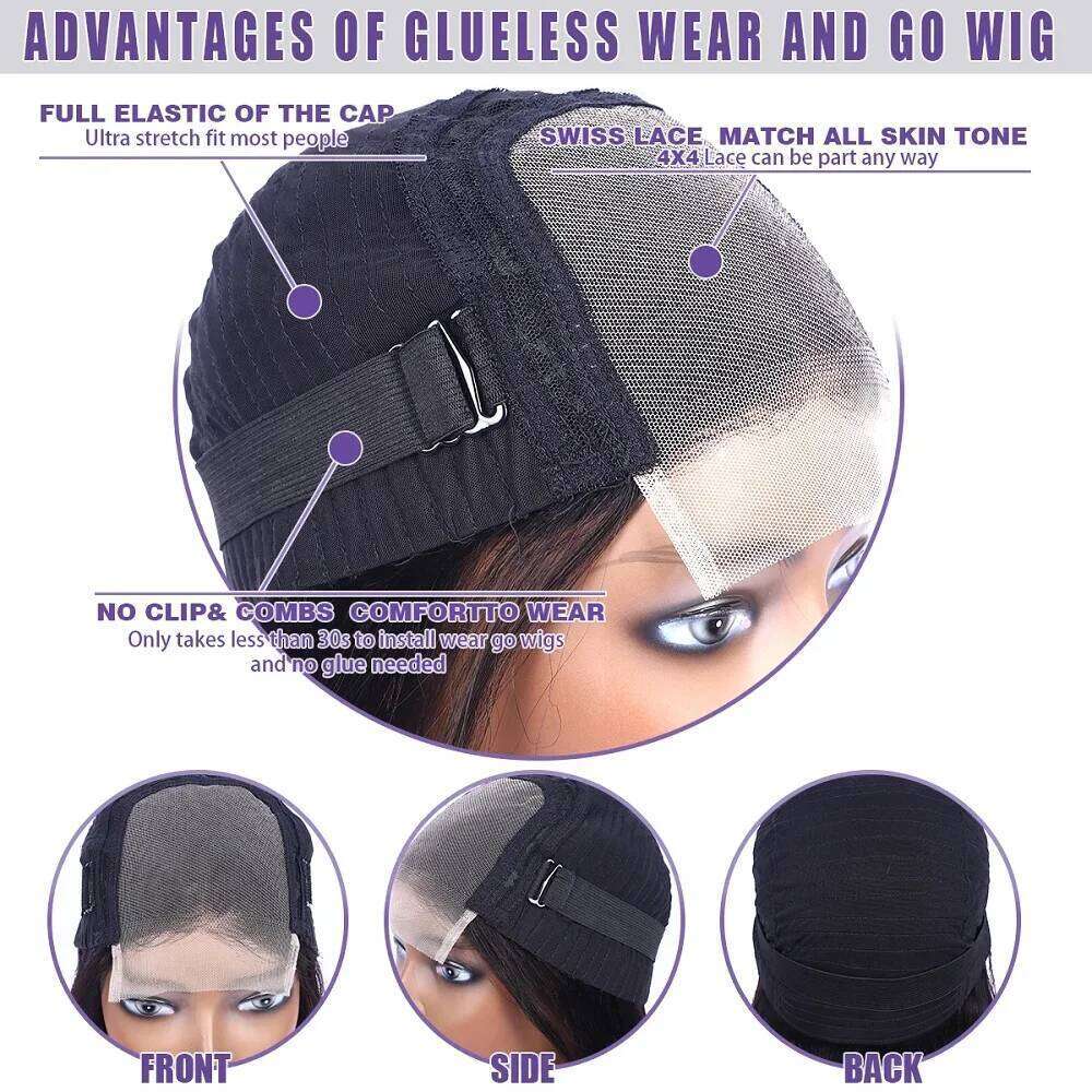 Kinky Straight Glueless Wigs For Women Ready To Wear And Go 180 Density 4x4 Closure Pre Cut Lace Human Hair Wig Natural